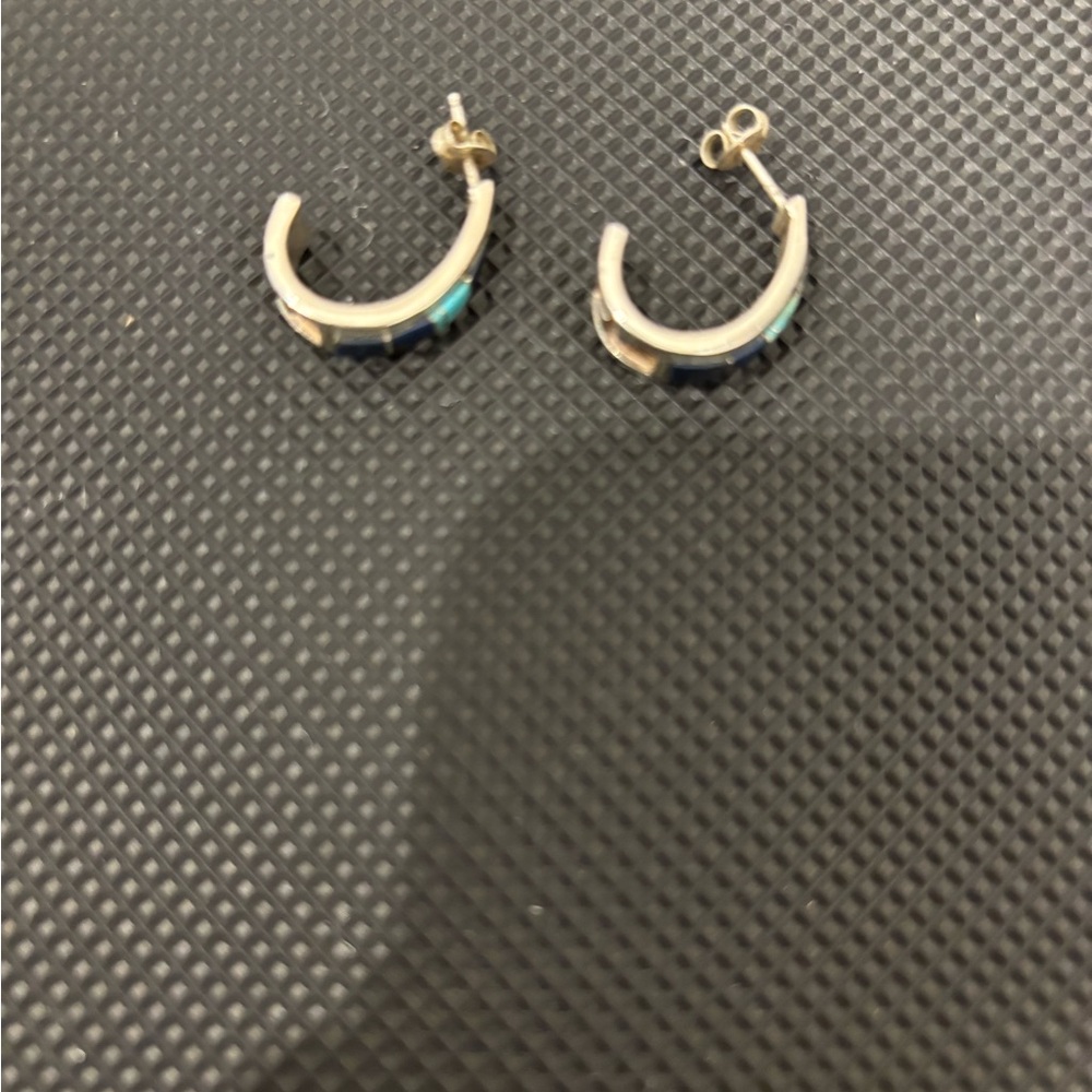 Sterling Silver Inlay Hoop Earrings – Turquoise & Lapis Style (Retail $250)